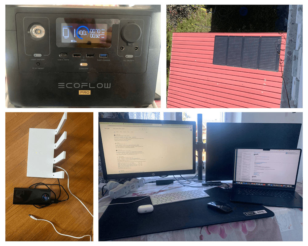 Picture 1: “Autonomous electricity supply: solar panels, EcoFlow, Wi-Fi router supplied by power bank, etc.” 